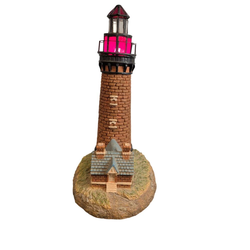 Vintage Stained Glass Lighthouse Lamp Red Brick Resin Accent Night Light 12"